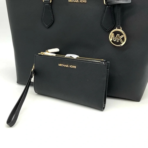 Michael Kors Bag Large Sheila Mf Tote Bag & Large Double Zip Wallet Black/Gold - Picture 13 of 15